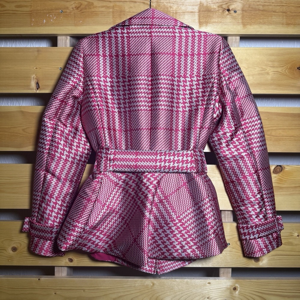 White House Black Market Trench Jacket Coat Womens Medium Pink Plaid Classy - Picture 8 of 9
